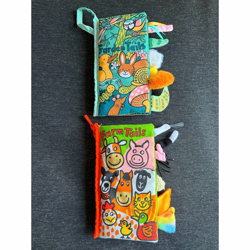 2 Jellycat Soft Baby Books with Sensory Play - Garden Tails and Farm Tails